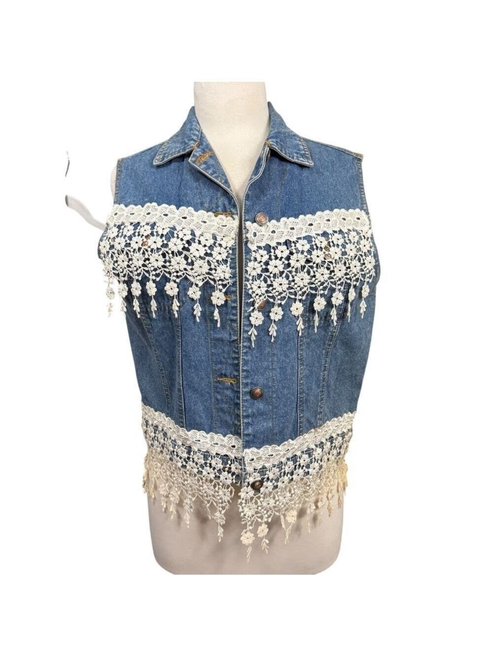 Vintage Loco‎ Club Denim Vest Lace Crochet Fringe Size Medium